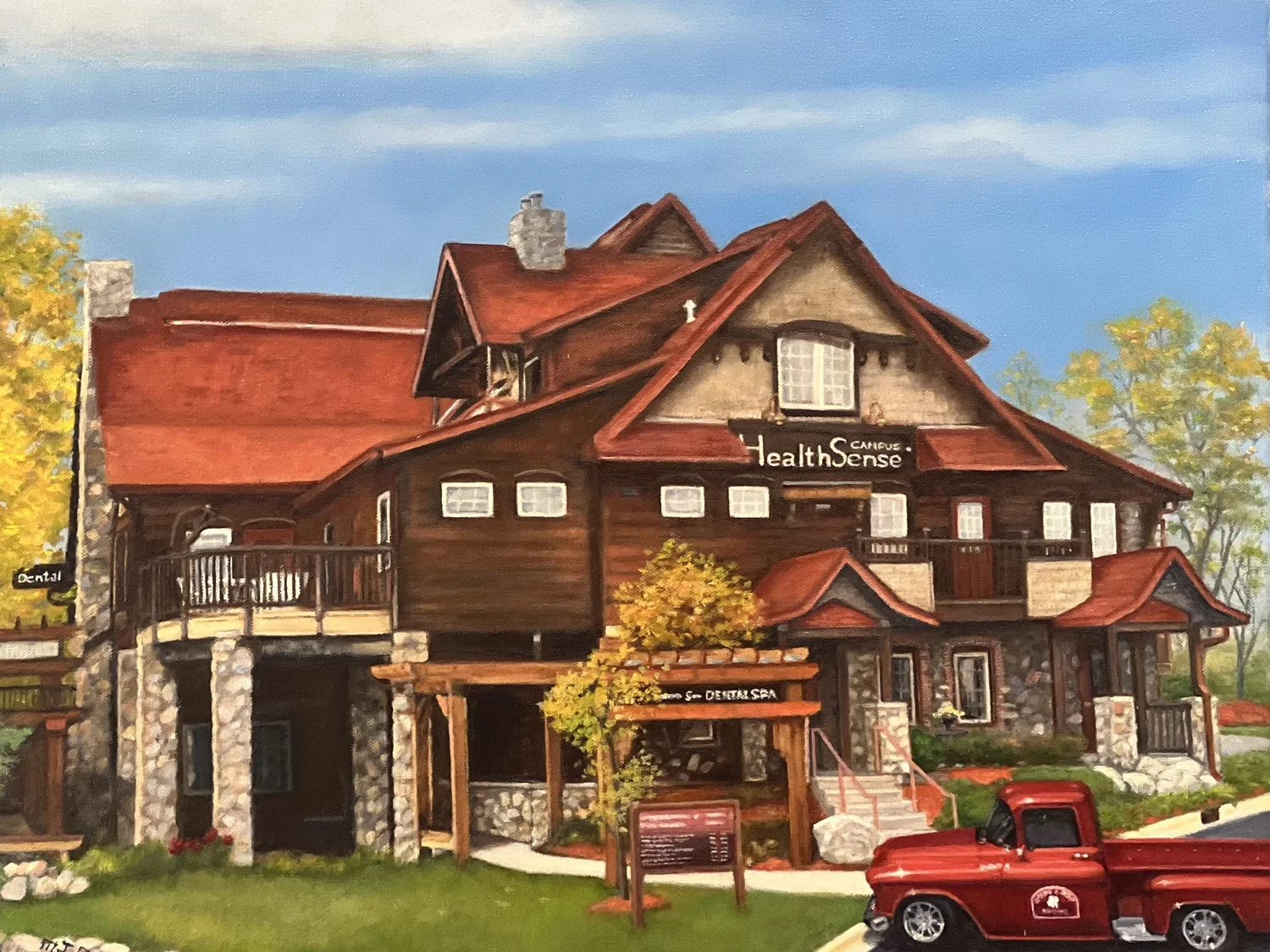 Painting of the Health Sense Dental log-cabin office in Shorewood with its red roof and vintage red pickup truck